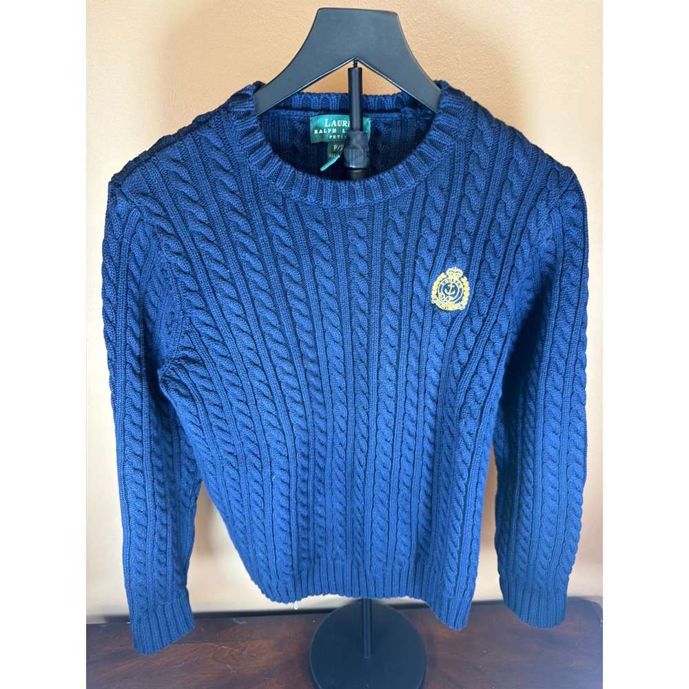 Lauren Ralph Lauren Petite Navy Blue Cable Knit Crest Sweater Small P/S Cotton